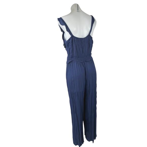 Ann Taylor LOFT Blue Sleeveless Ruffle Smocked Wide Leg Romper Jumpsuit Size S - Picture 4 of 7